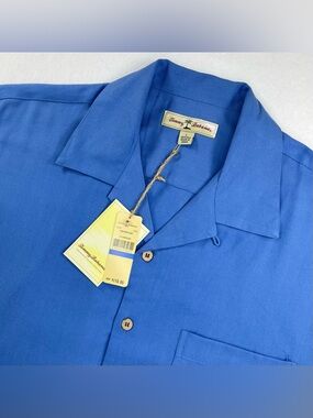 Tommy Bahama Silk Shirt Mens Large Blue Poker Pirate Camp Short Sleeve Button Up